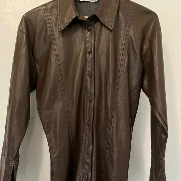 Zara Faux Leather Bodycon Long Sleeve Dress Front Buttons Sz XS In Brown - Picture 5 of 13
